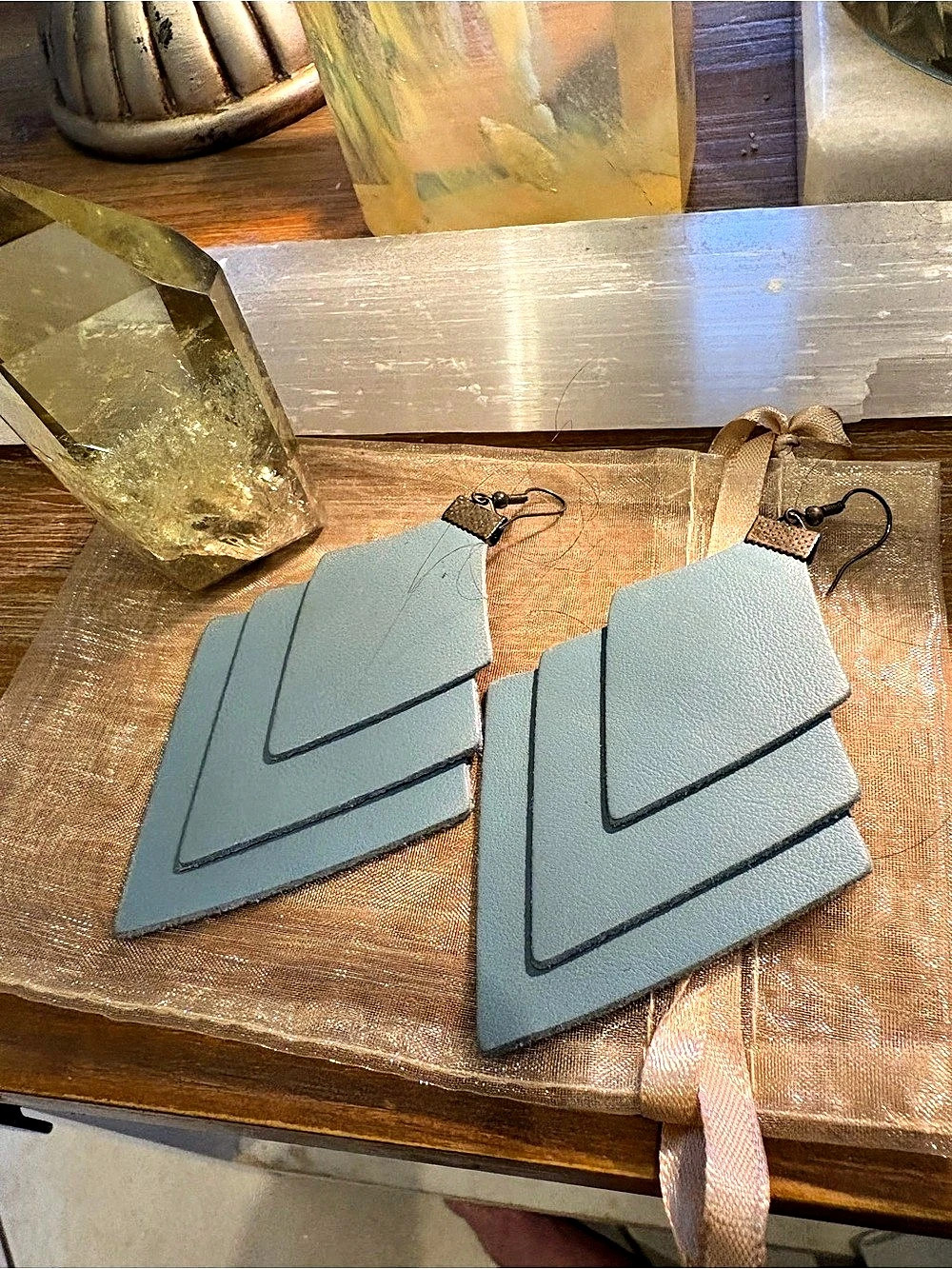 Geometric Earrings in Soft Blue - from Eleven10Leather - 3” inches